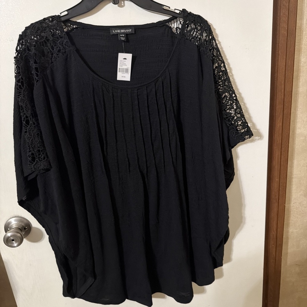Lane Bryant Top Womens 14 16 Black Pleated Solid Crochet Dolman Sleeves Tunic